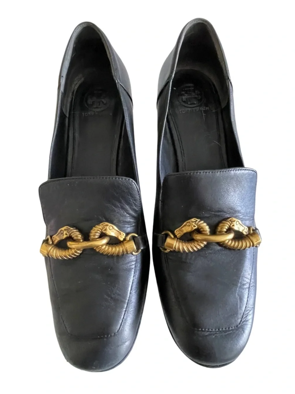Tory Burch Jessa Black Leather Block Heel Loafers Gold Horsebit Detail Size 8.5
